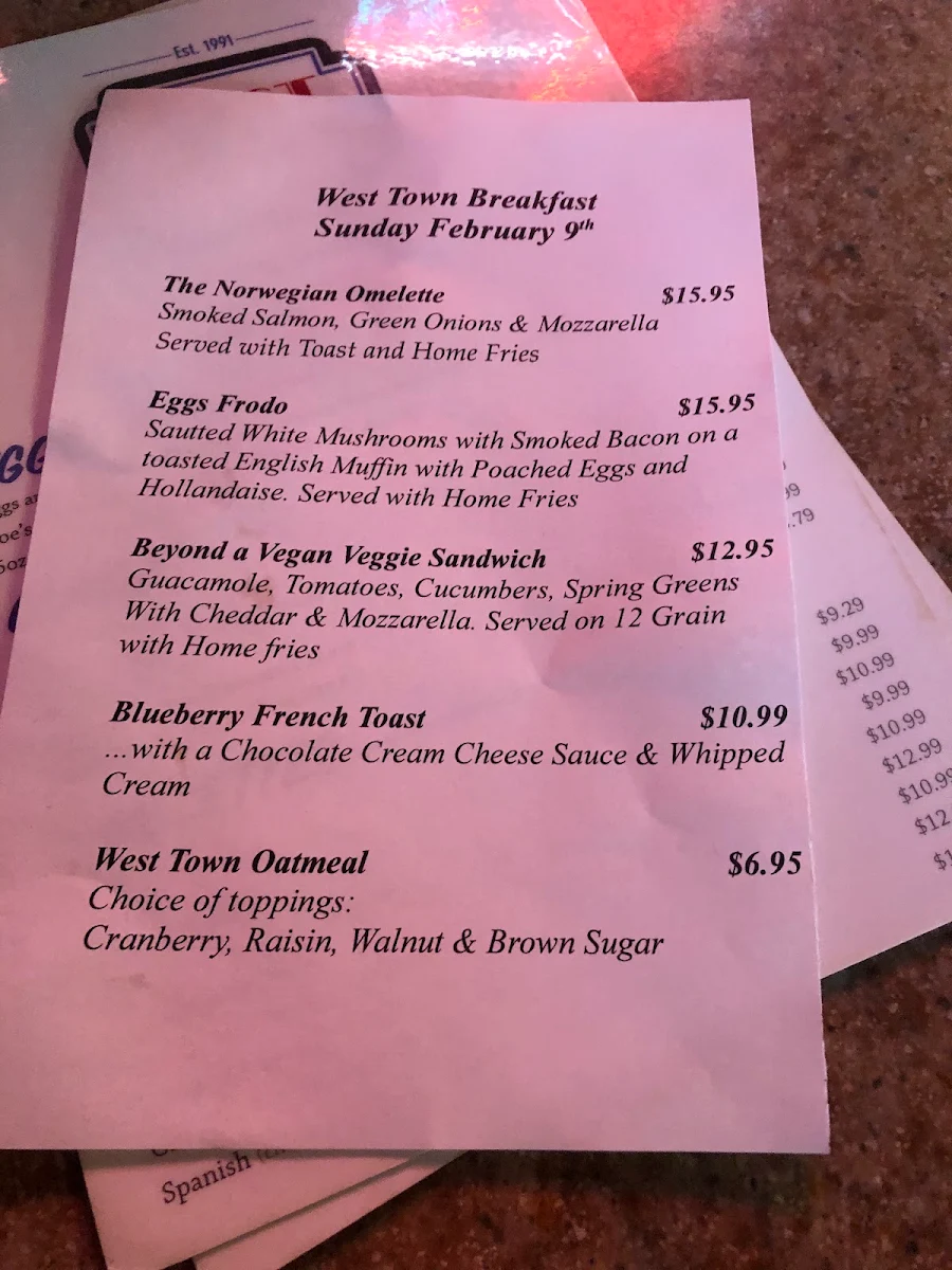 Menu, West Town Bar & Grill