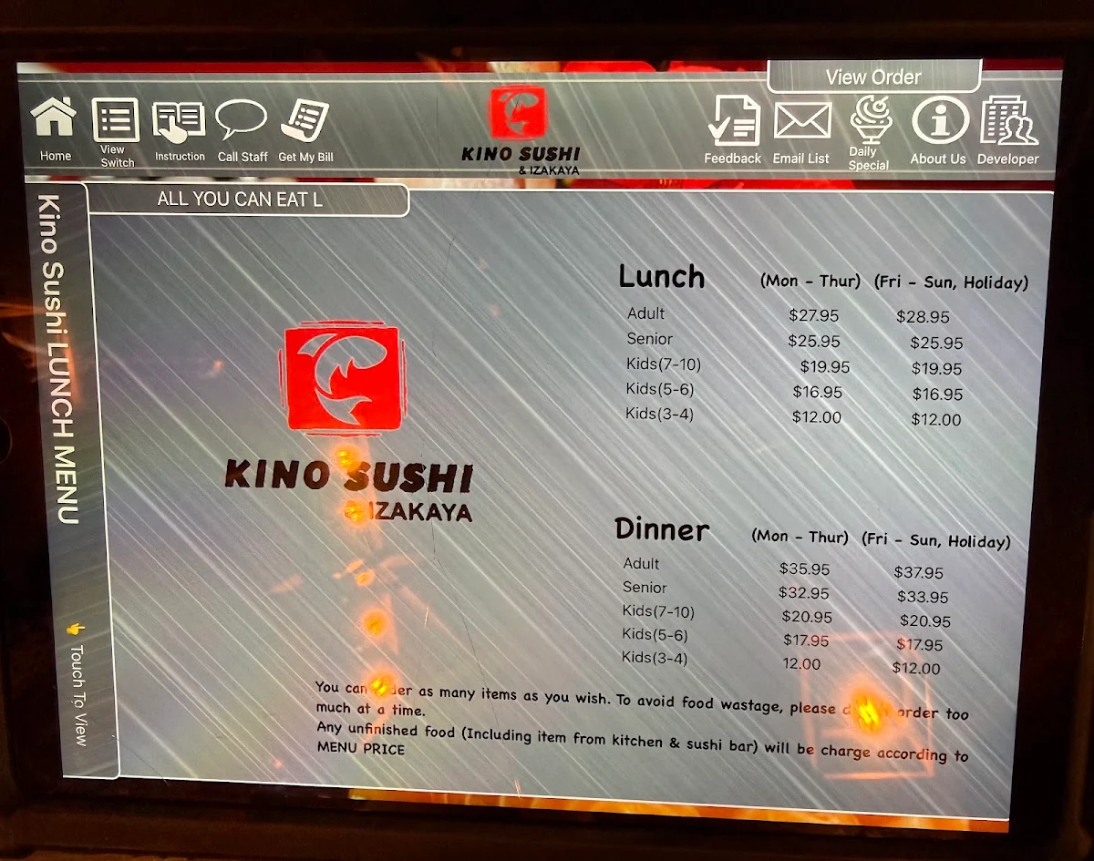 Menu, Kino sushi Japanese restaurant