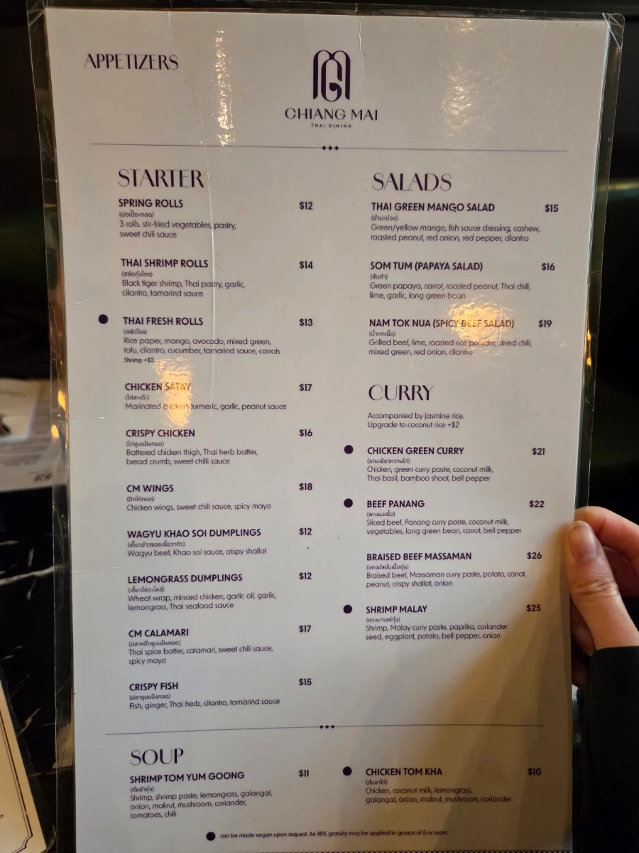 Menu, Chiang Mai Liberty