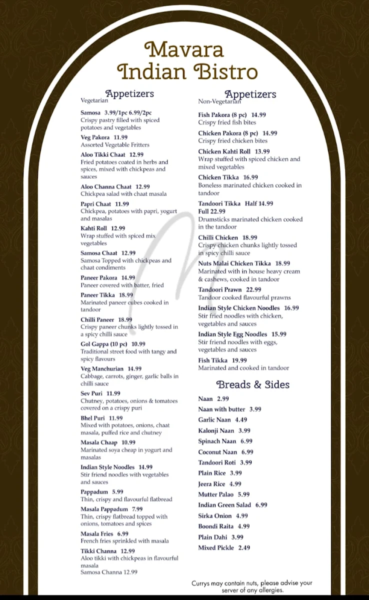 Menu, Mavara Indian Bistro
