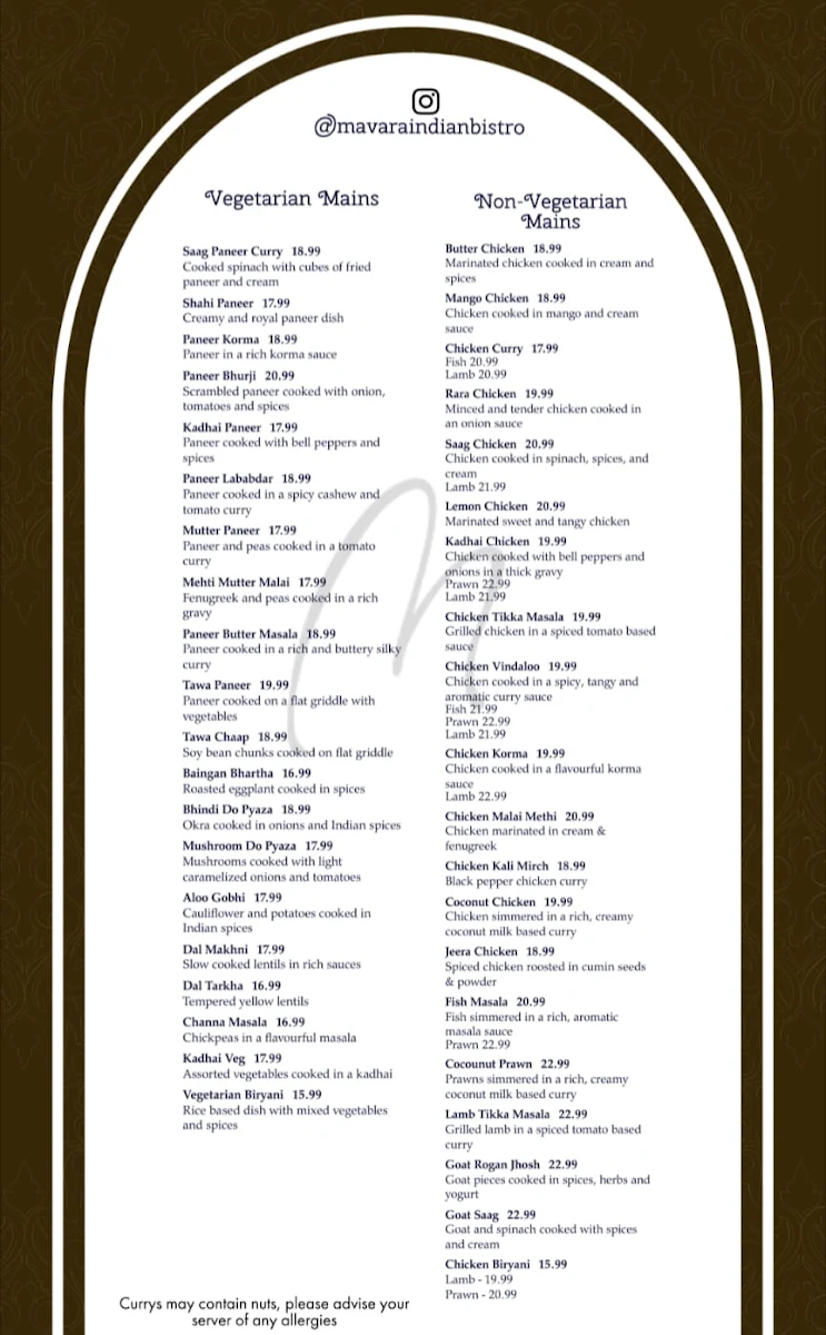 Menu, Mavara Indian Bistro