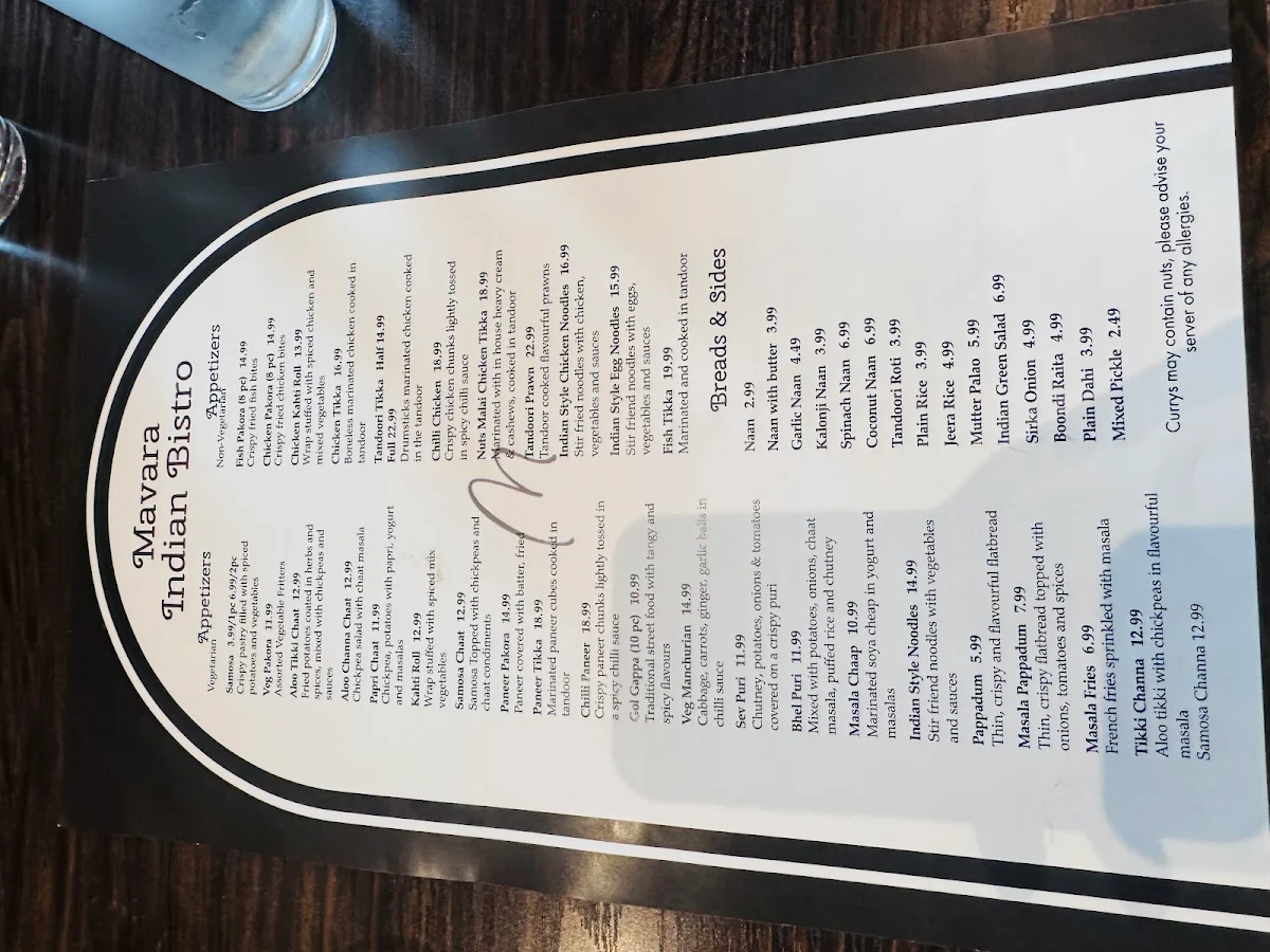 Menu, Mavara Indian Bistro