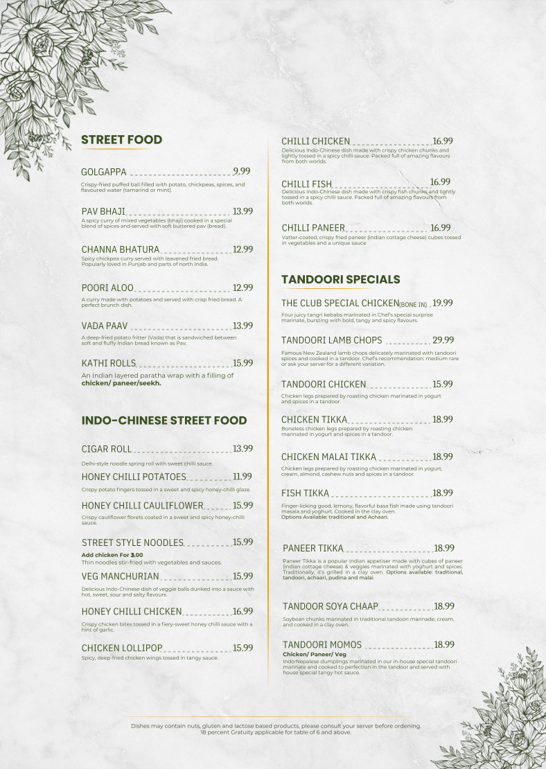 Menu, The Indian Club house