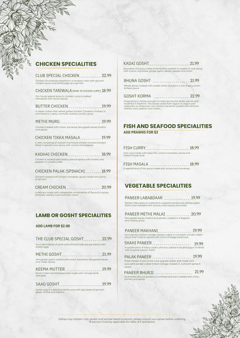 Menu, The Indian Club house