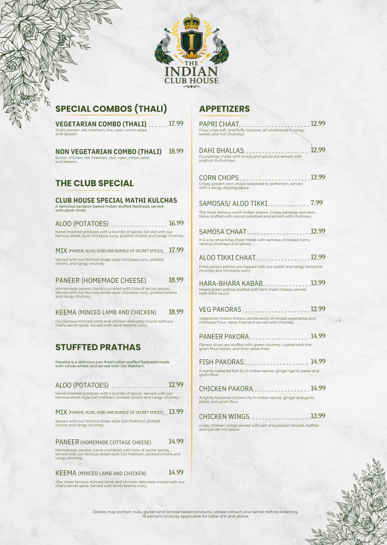 Menu, The Indian Club house