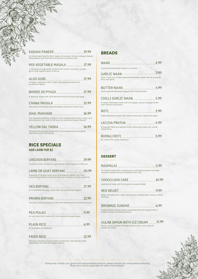 Menu, The Indian Club house