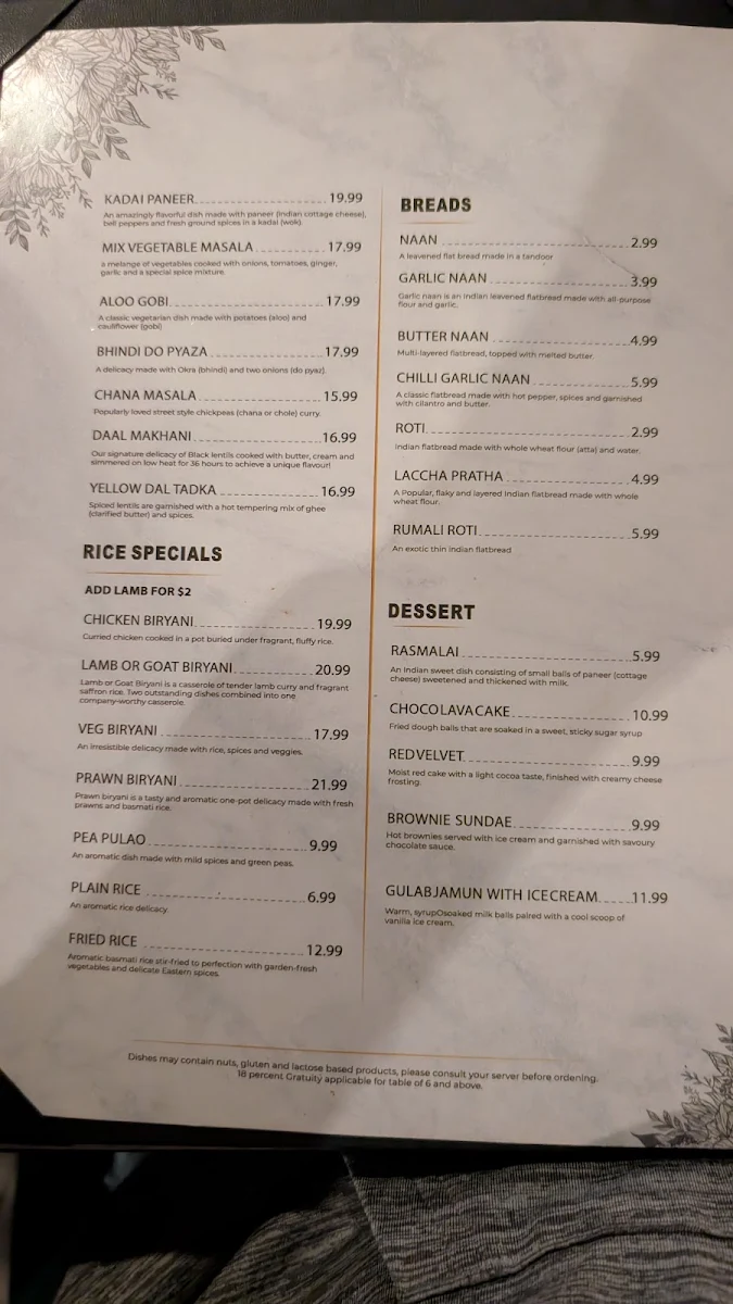 Menu, The Indian Club house