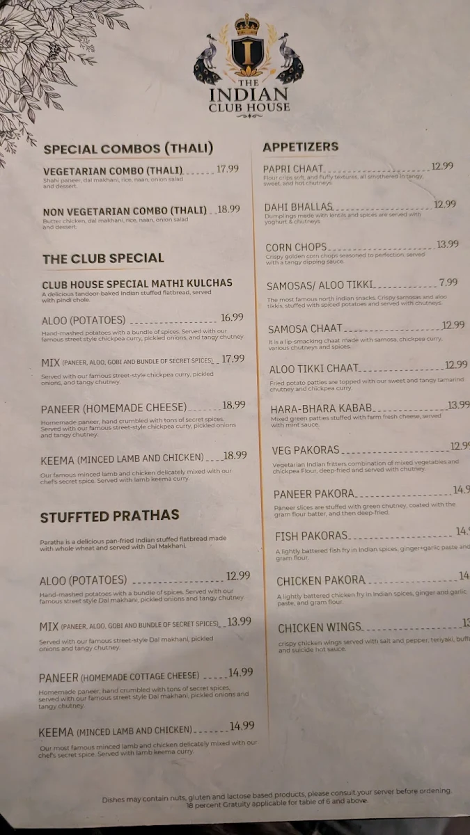 Menu, The Indian Club house