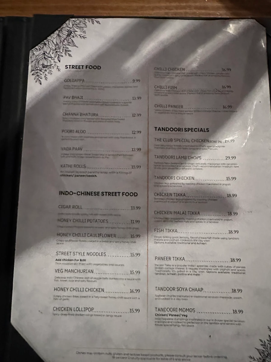 Menu, The Indian Club house