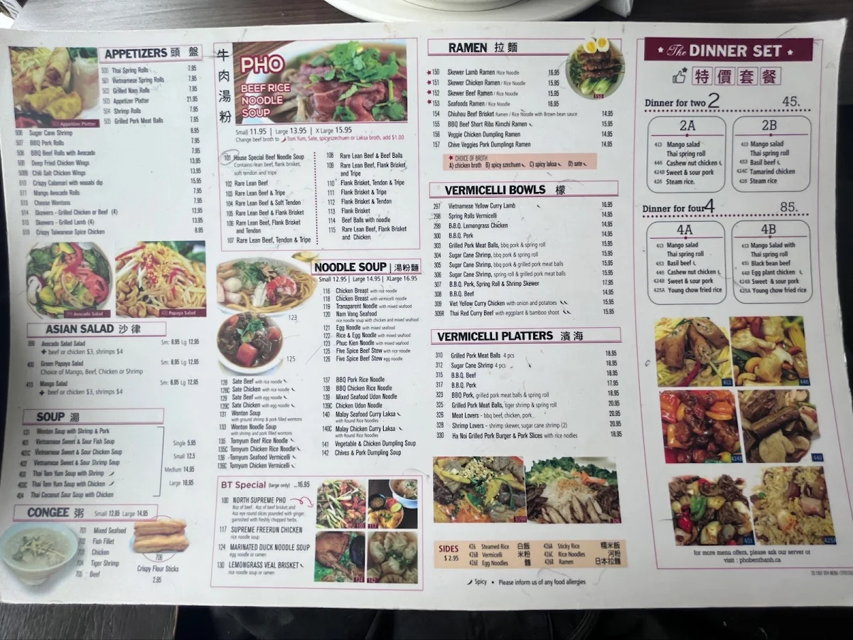 Menu, Pho Ben Thanh Restaurant