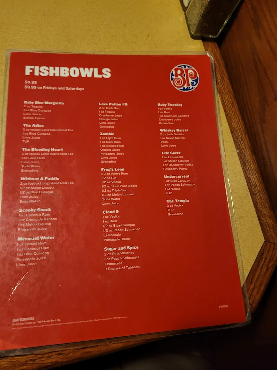 Menu, Boston Pizza