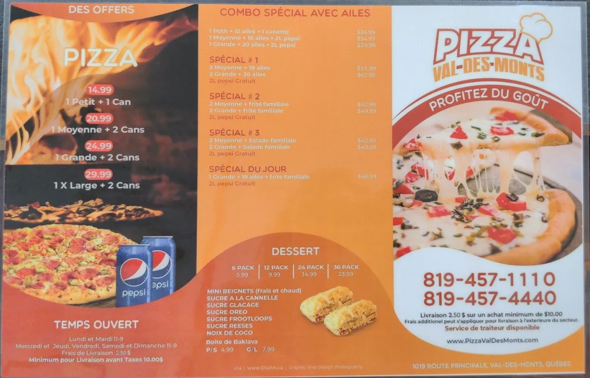 Menu, Pizza Val-Des-Monts