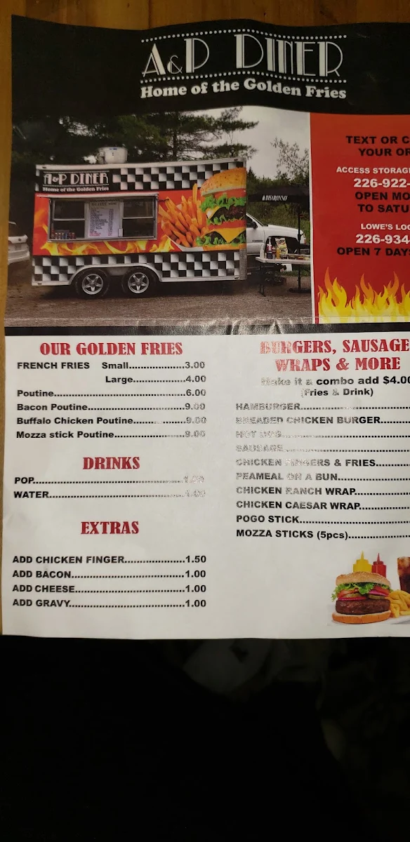 Menu, A&P Diner