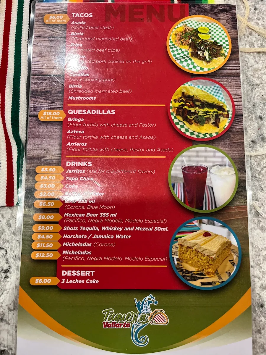 Menu, Taqueria Vallarta