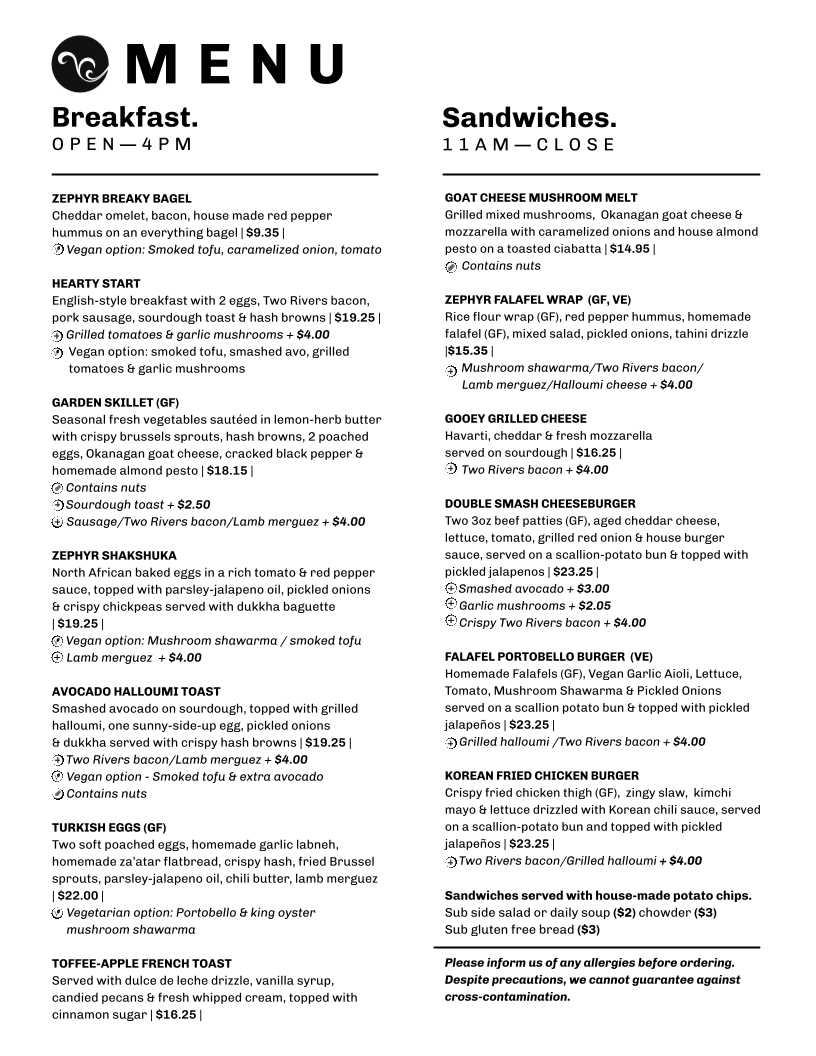 Menu, Zephyr Café at The BAG