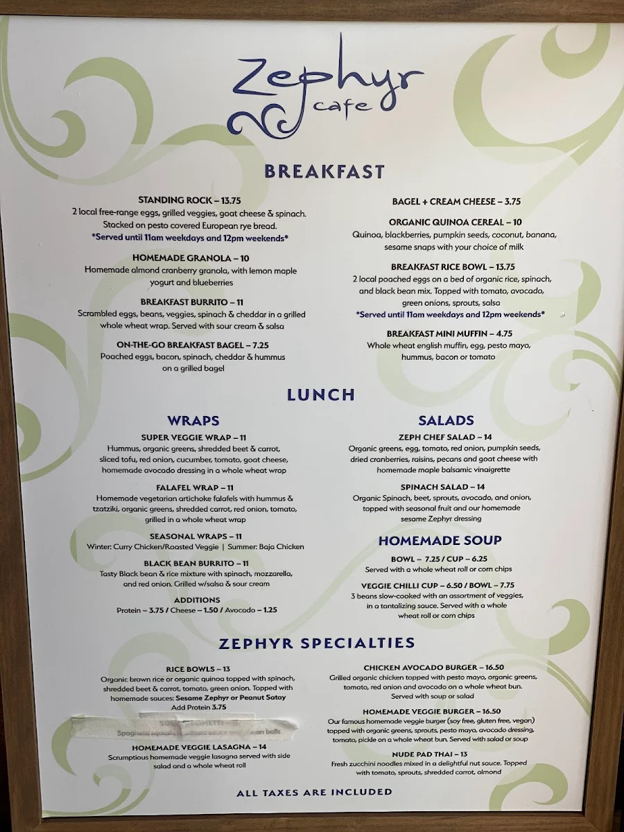 Menu, Zephyr Café at The BAG