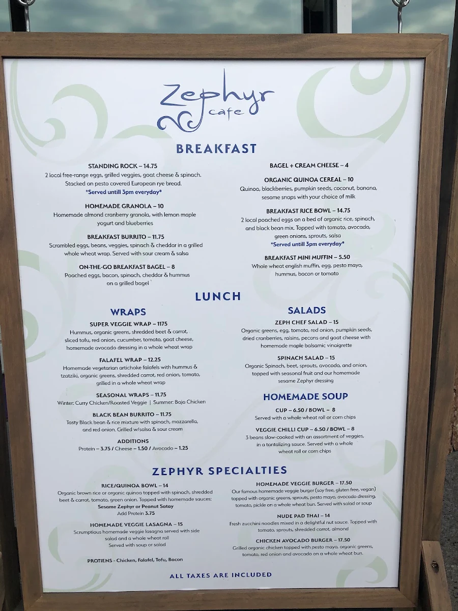 Menu, Zephyr Café at The BAG