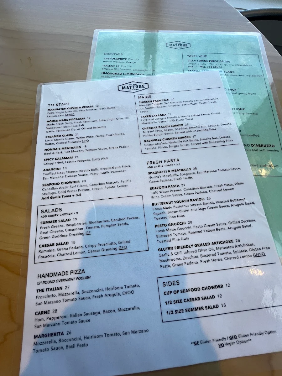 Menu, Mattone Italian Kitchen