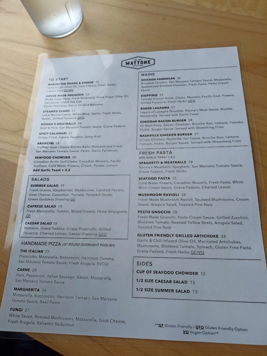 Menu, Mattone Italian Kitchen