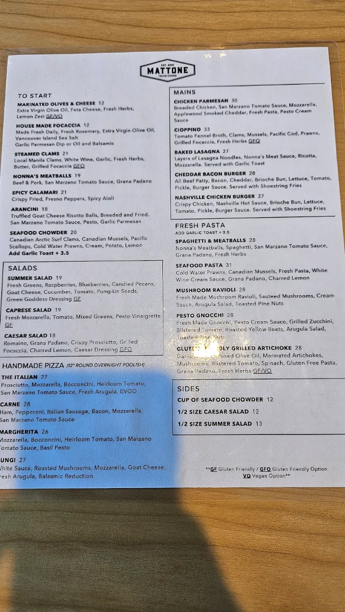 Menu, Mattone Italian Kitchen