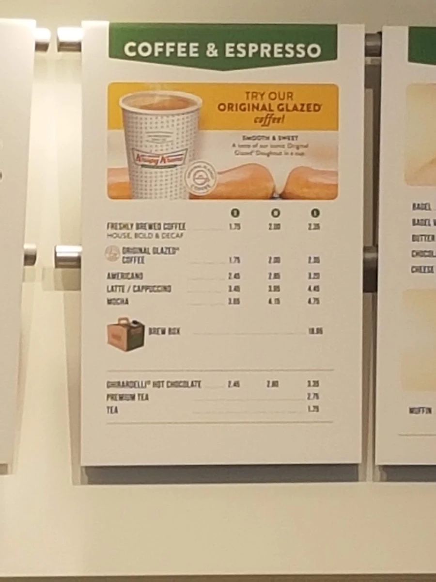 Menu, Krispy Kreme Doughnuts