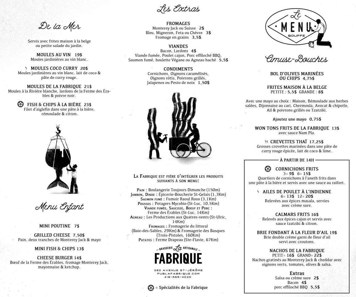 Menu, La Fabrique - Brasserie Artisanale / Microbrasserie