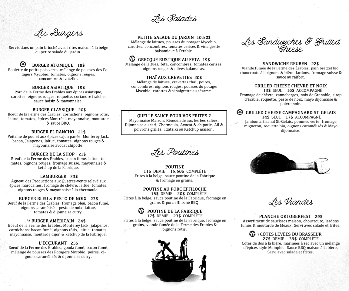 Menu, La Fabrique - Brasserie Artisanale / Microbrasserie