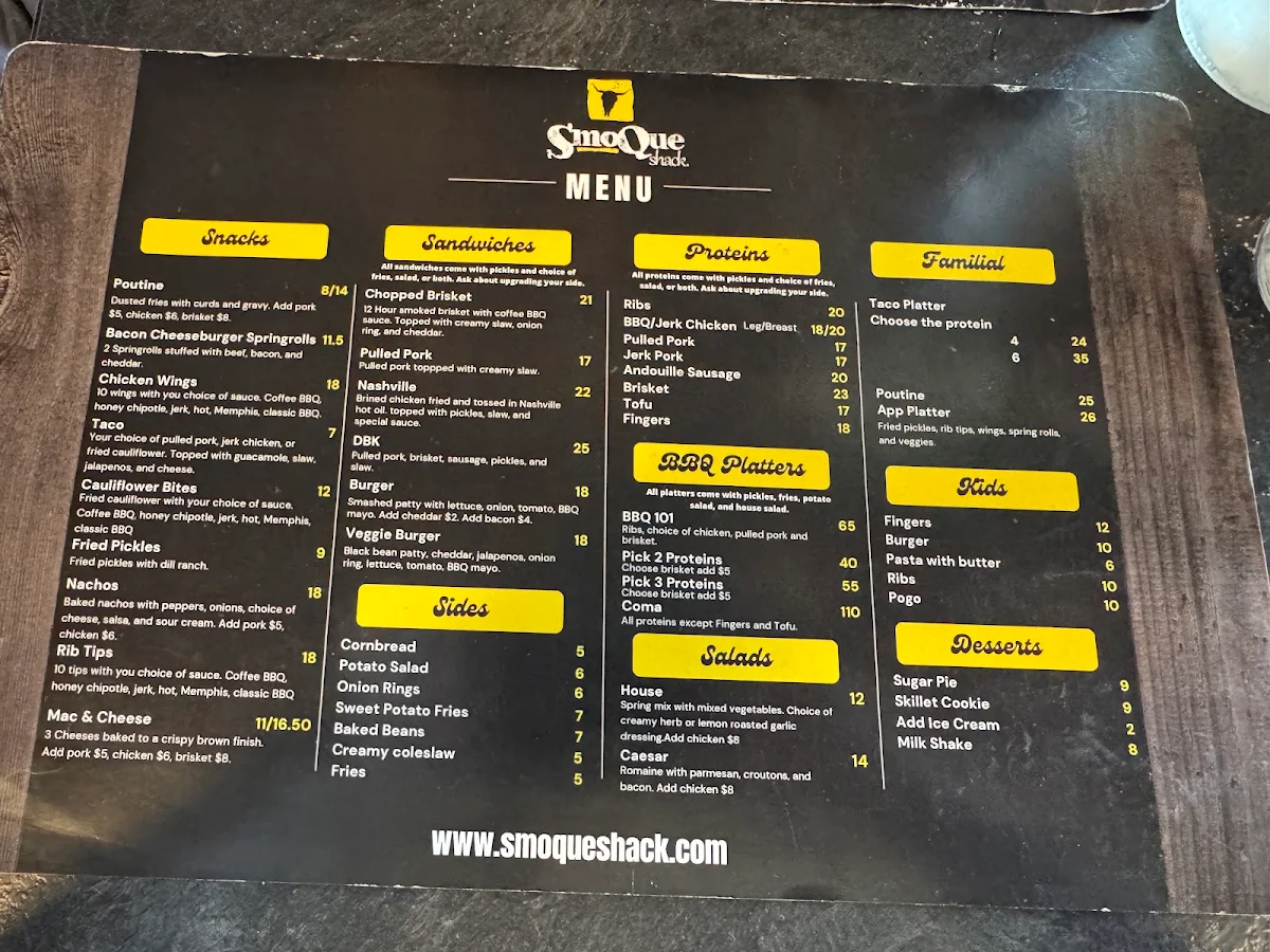 Menu, The Smoque Shack (Fumoir SmoQue Shack)