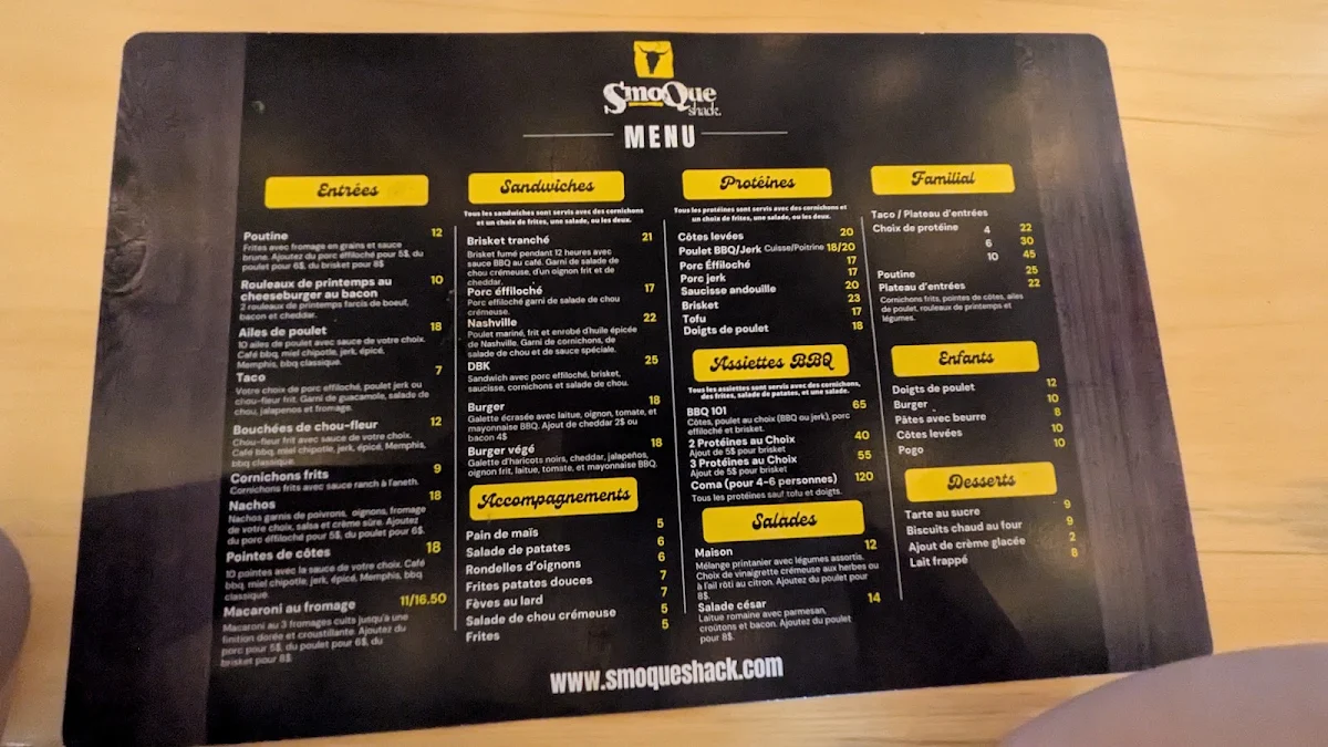 Menu, The Smoque Shack (Fumoir SmoQue Shack)