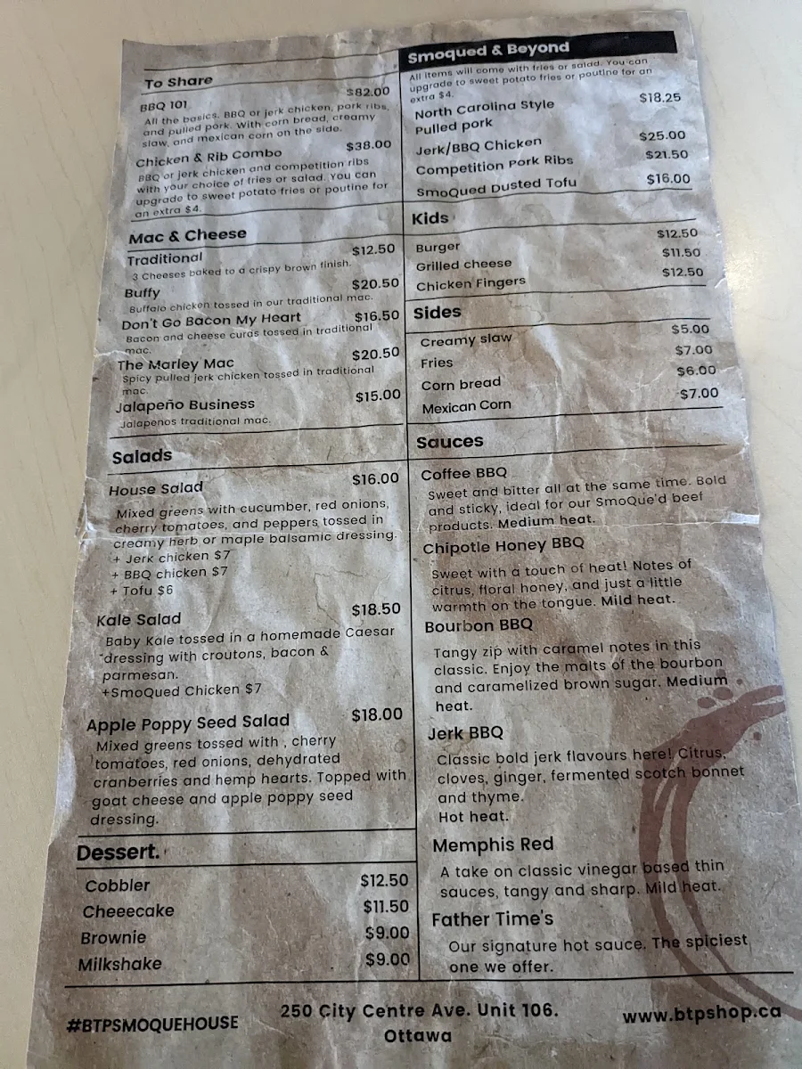 Menu, The Smoque Shack (Fumoir SmoQue Shack)