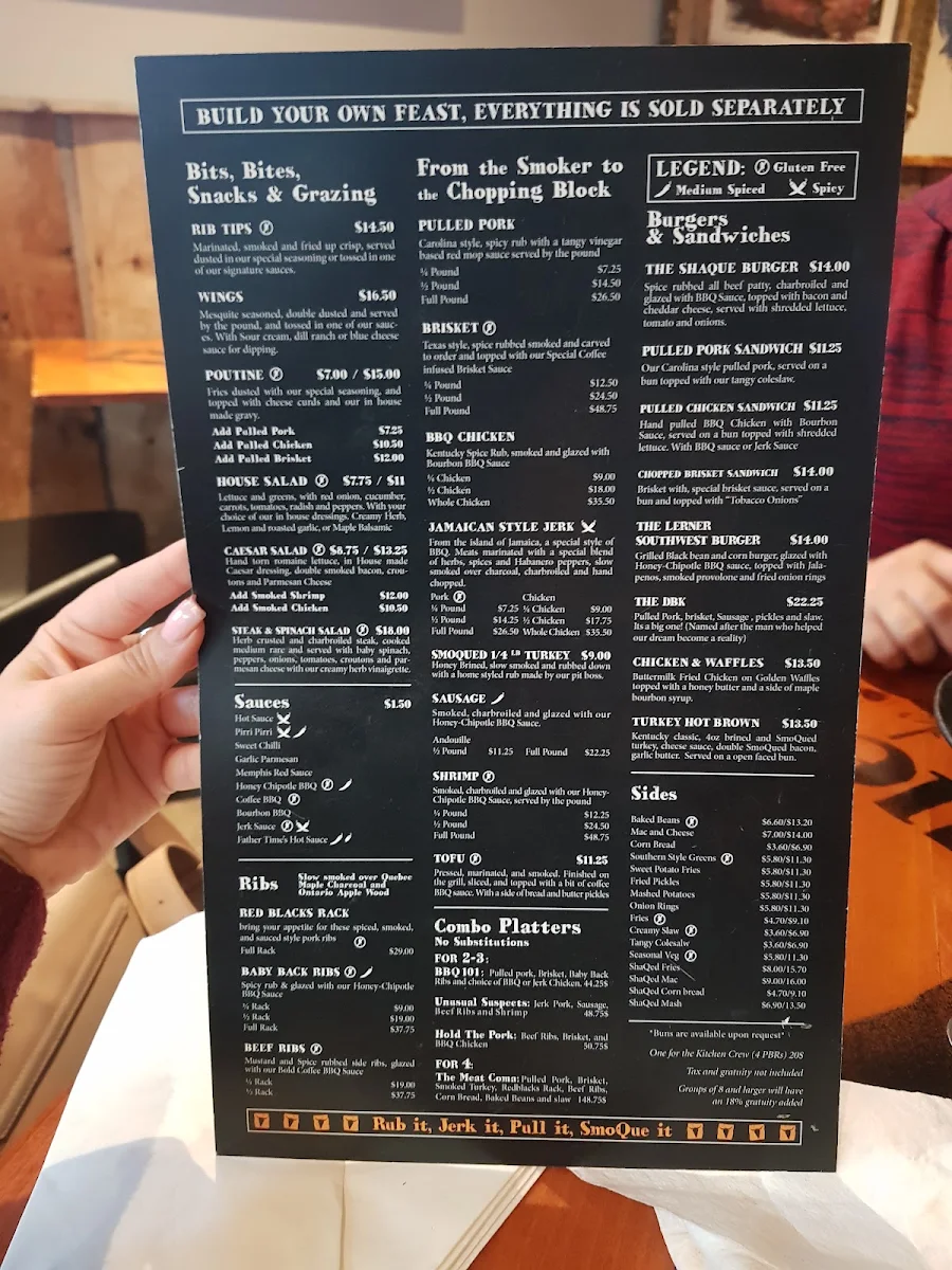 Menu, The Smoque Shack (Fumoir SmoQue Shack)