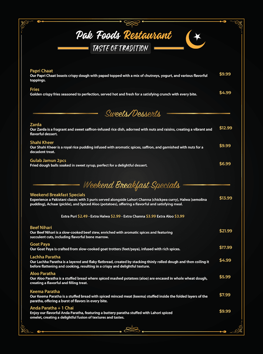 Menu, Pak Foods Restaurant