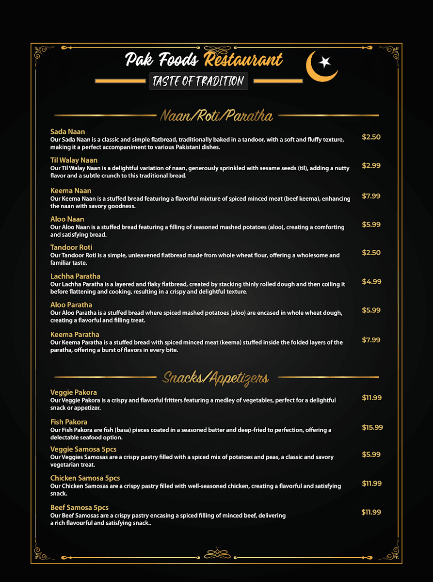 Menu, Pak Foods Restaurant