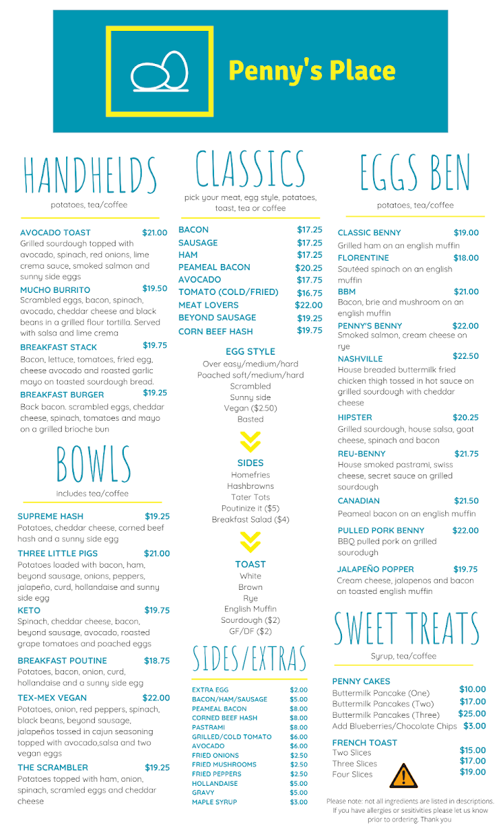 Menu, Penny's Place