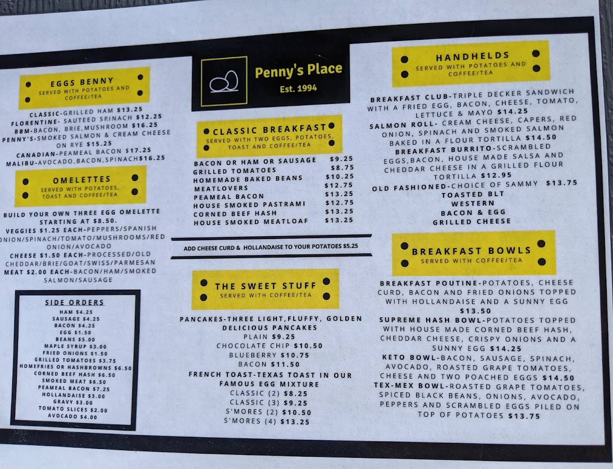 Menu, Penny's Place