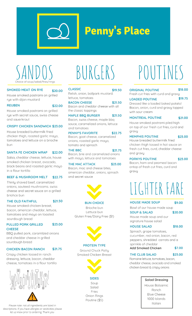 Menu, Penny's Place