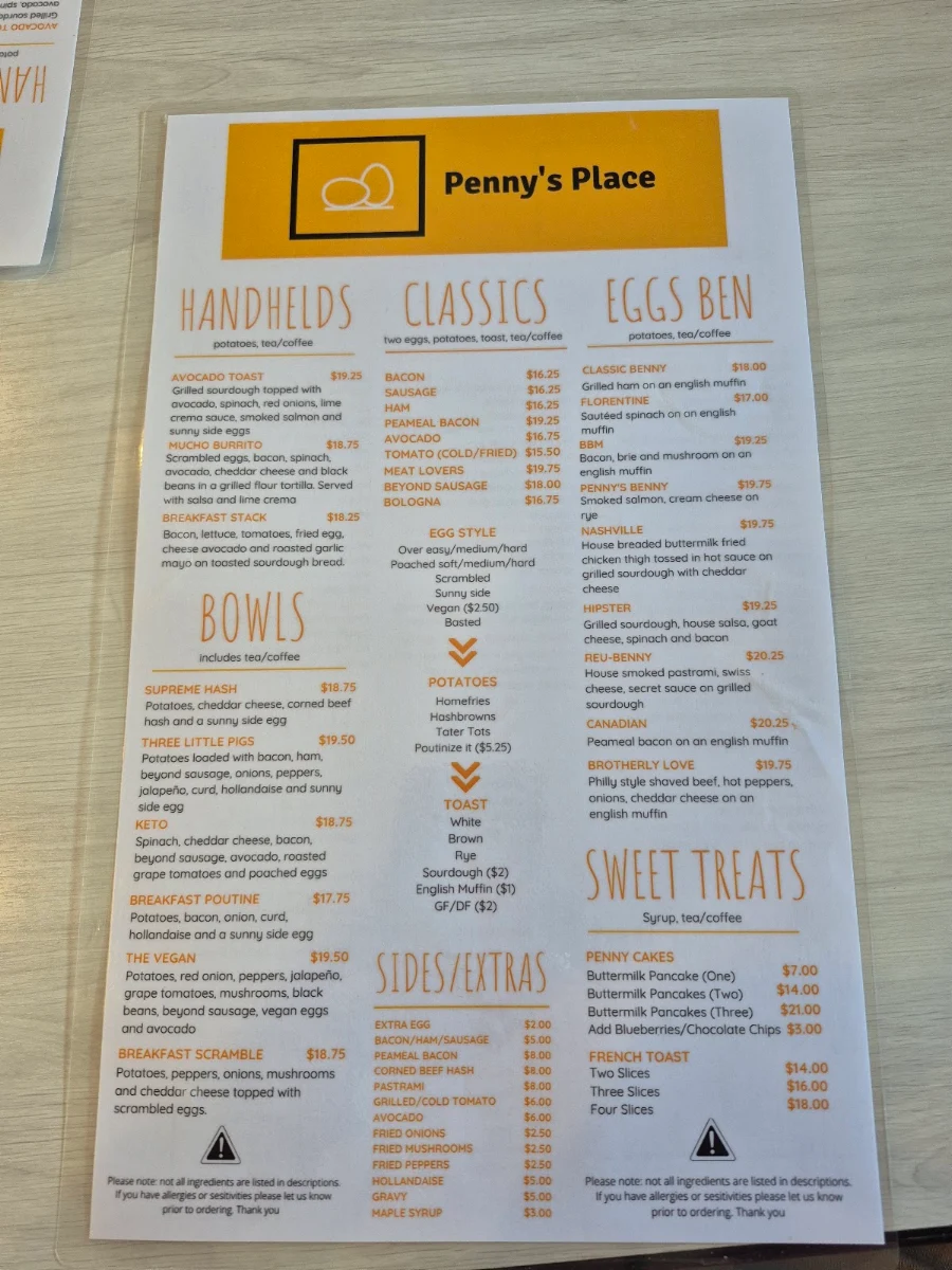 Menu, Penny's Place