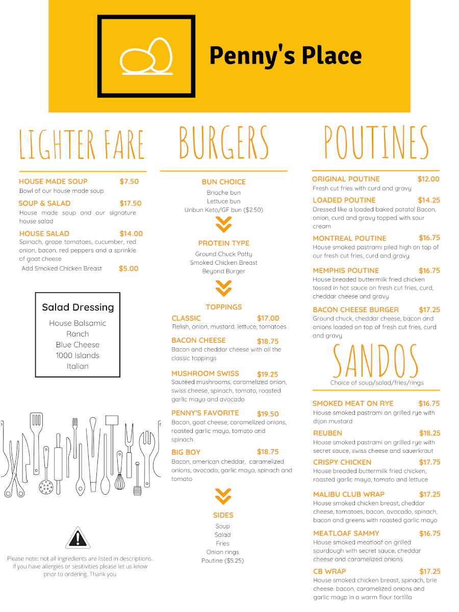 Menu, Penny's Place