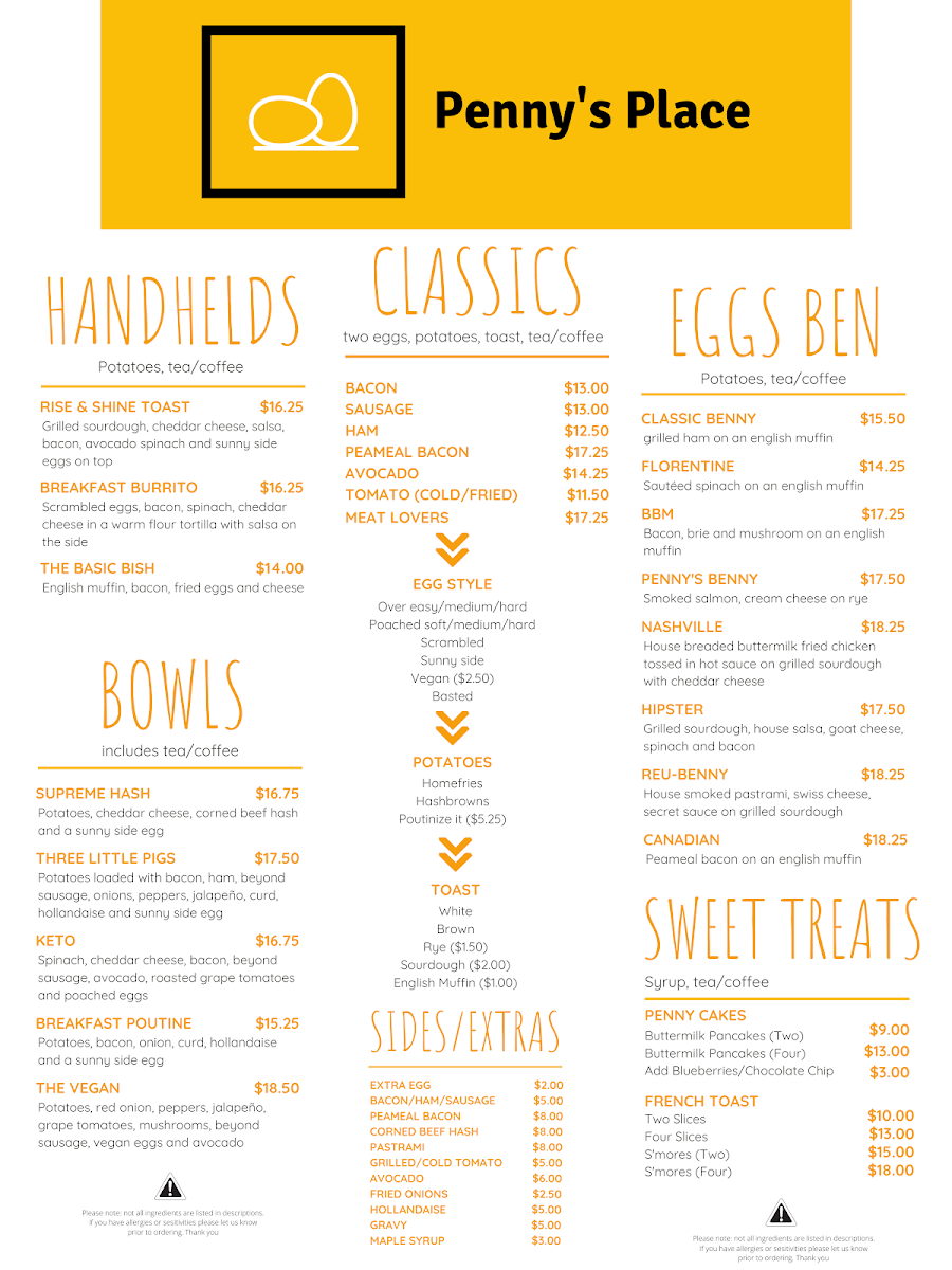 Menu, Penny's Place