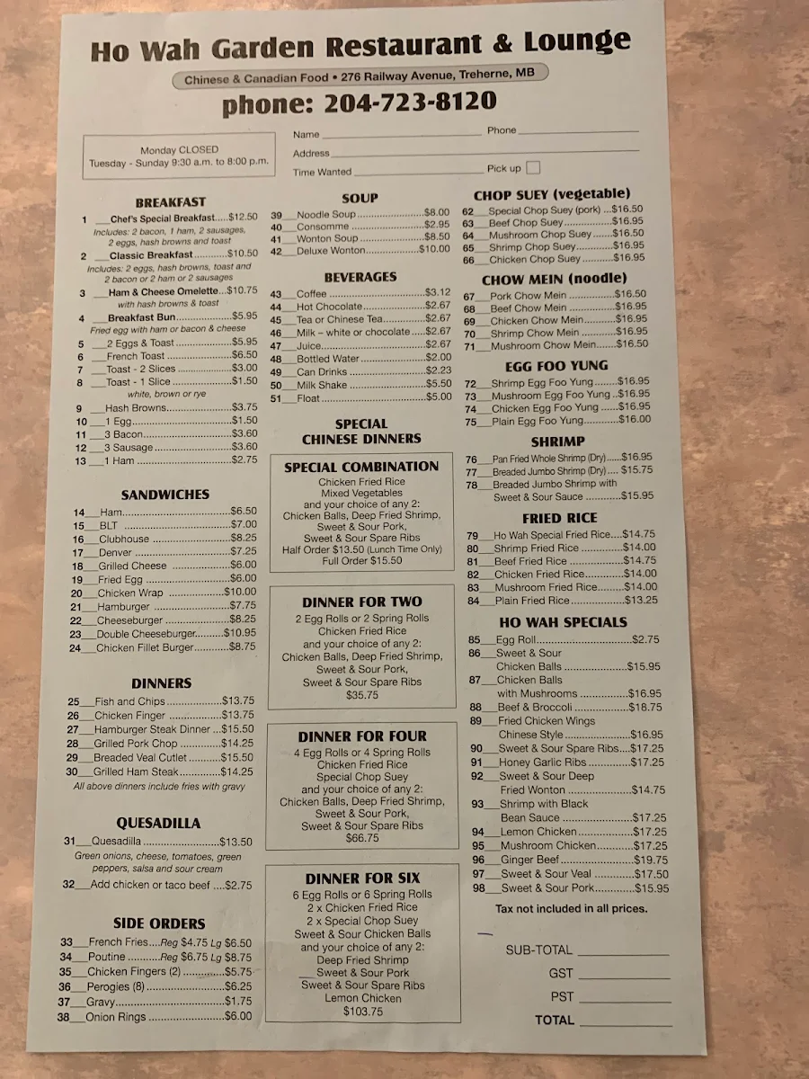 Menu, Ho Wah
