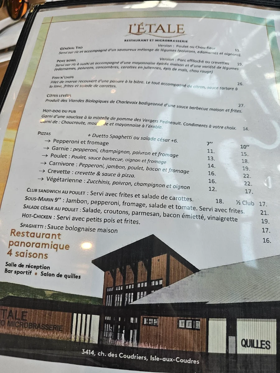 Menu, L'Étale - Microbrasserie Gourmande