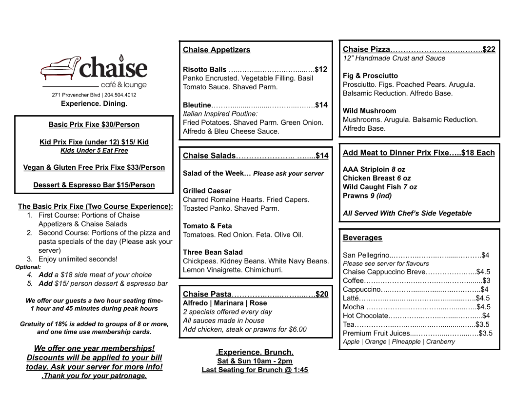 Menu, Chaise Café & Lounge