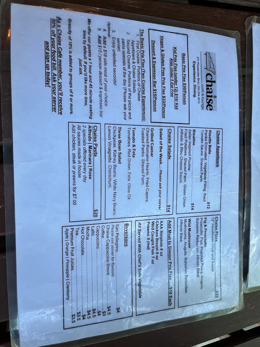 Menu, Chaise Café & Lounge