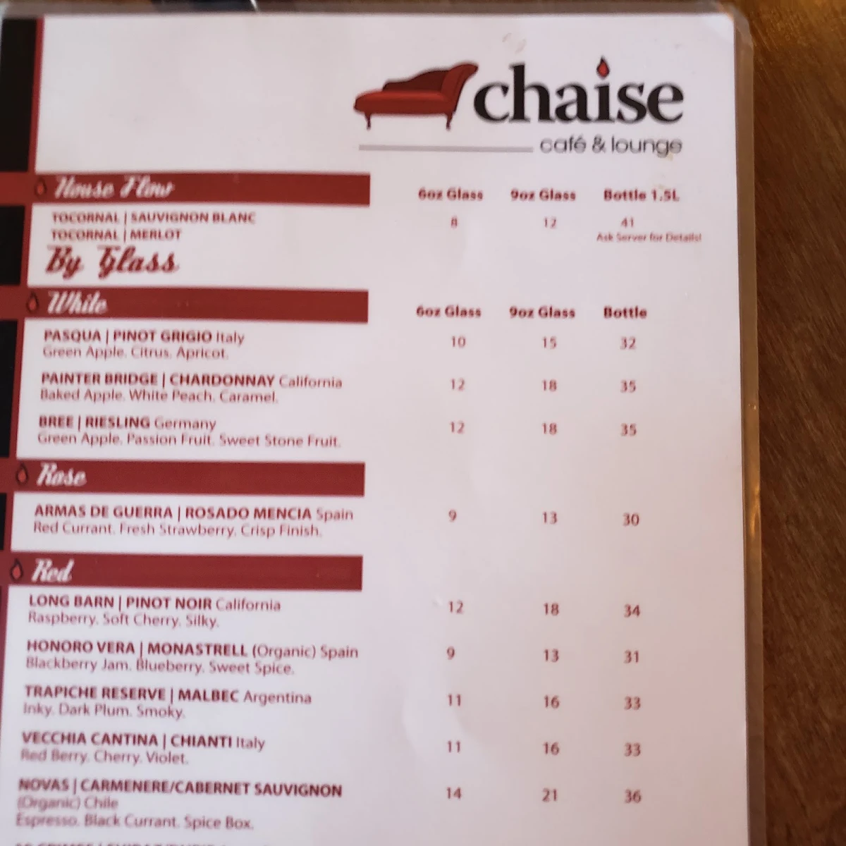 Menu, Chaise Café & Lounge