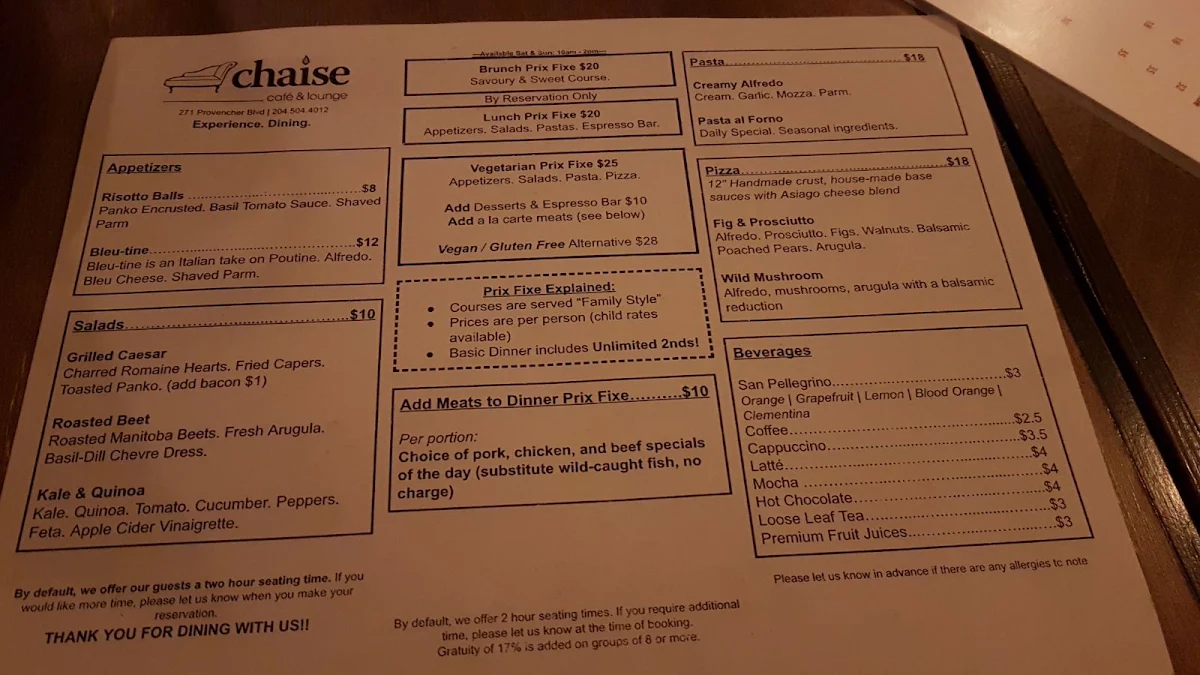 Menu, Chaise Café & Lounge