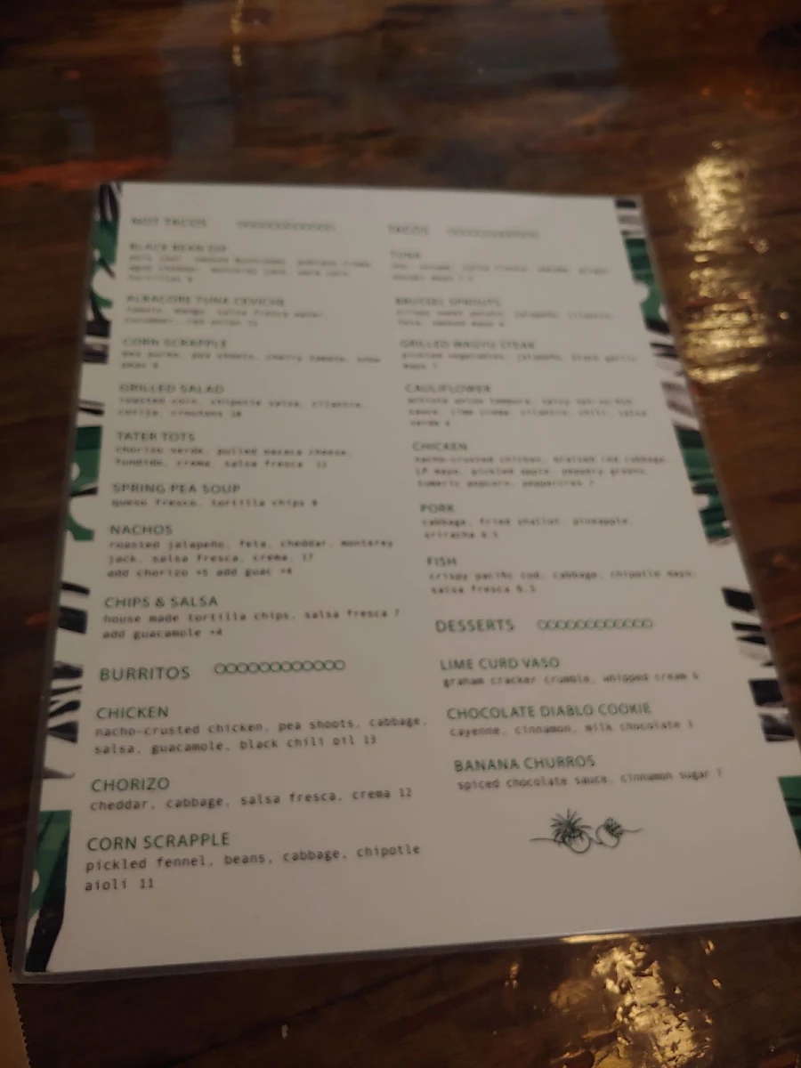 Menu, Tacofino Hastings