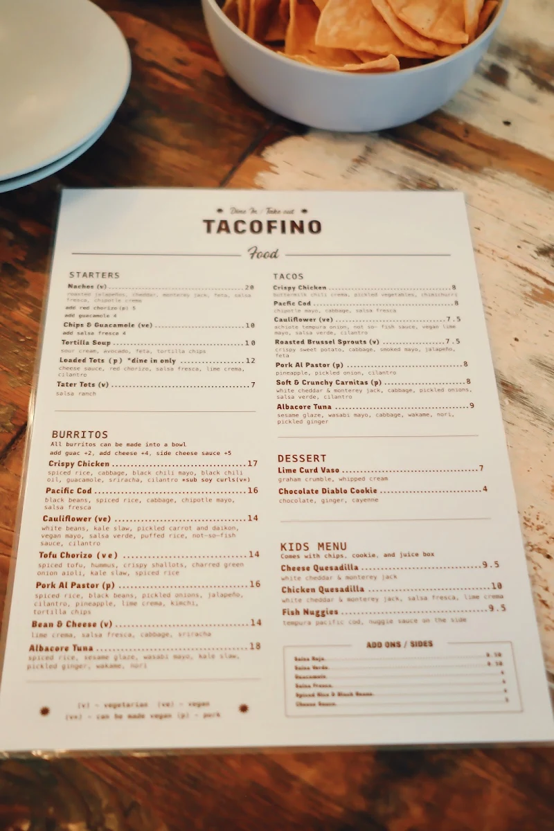 Menu, Tacofino Hastings