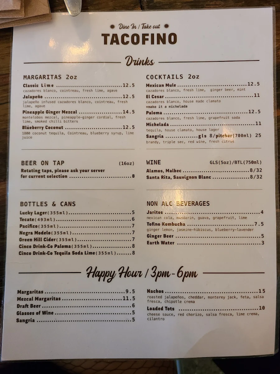 Menu, Tacofino Hastings