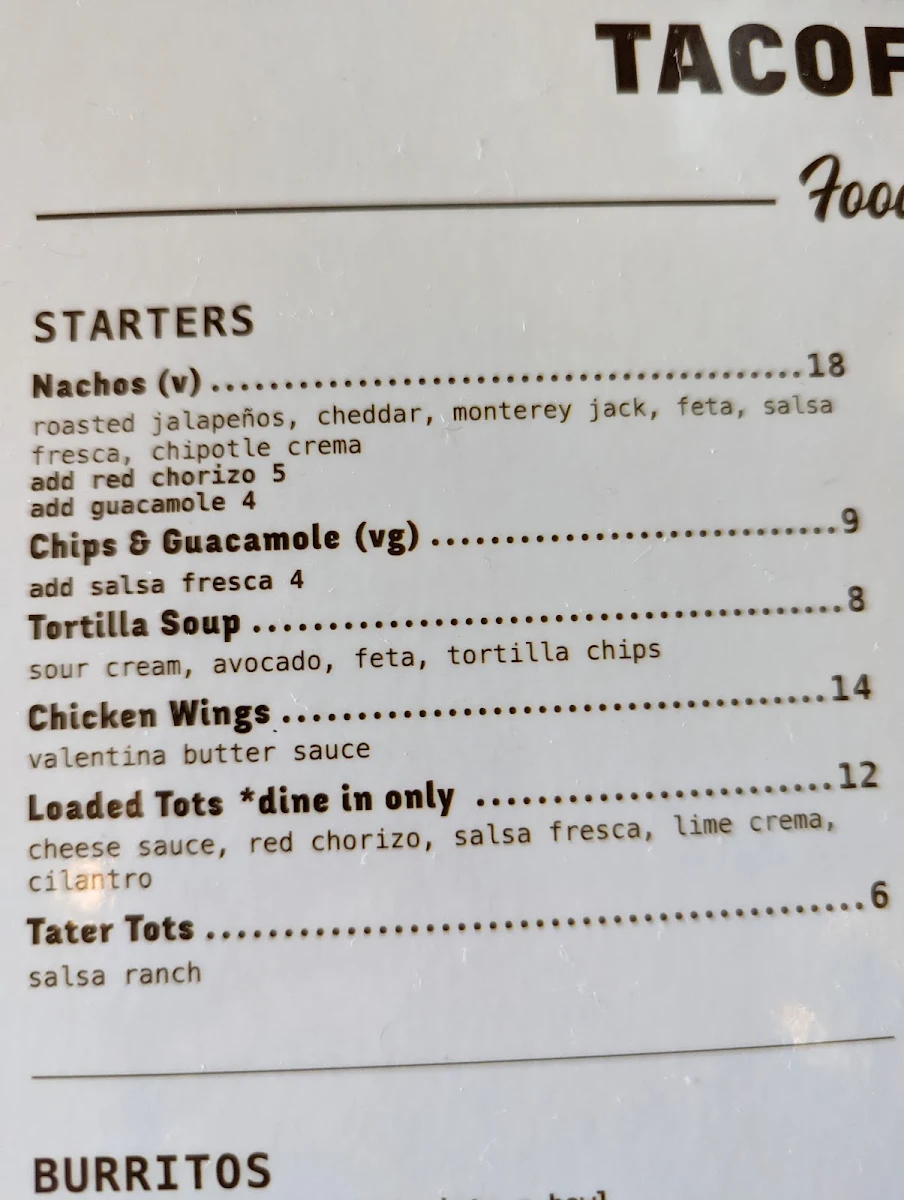 Menu, Tacofino Hastings