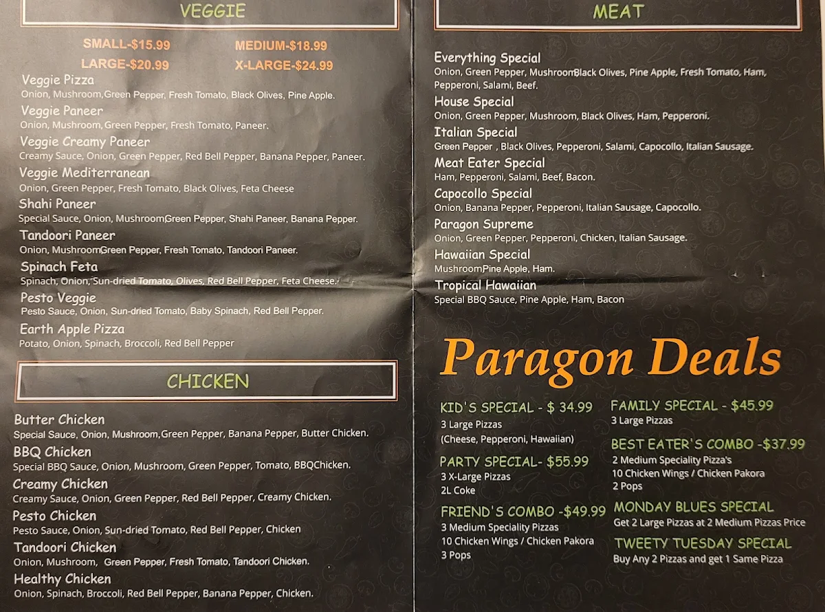 Menu, Paragon Pizza